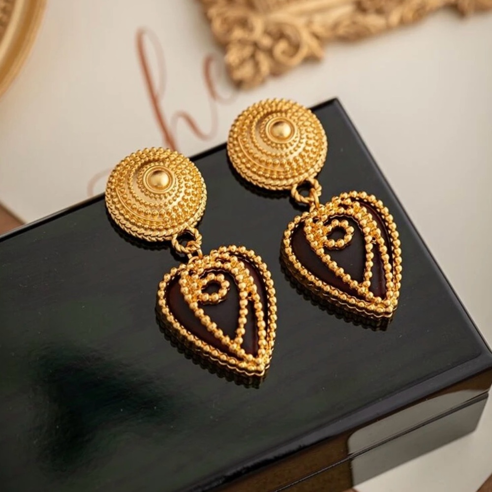 Gold Beaded Heart Drop Earrings - Women’s Jewelry
